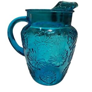 Cobalt Blue Glass Water Pitcher Vtg. 1960’s Embossed Floral Mid Century Modern